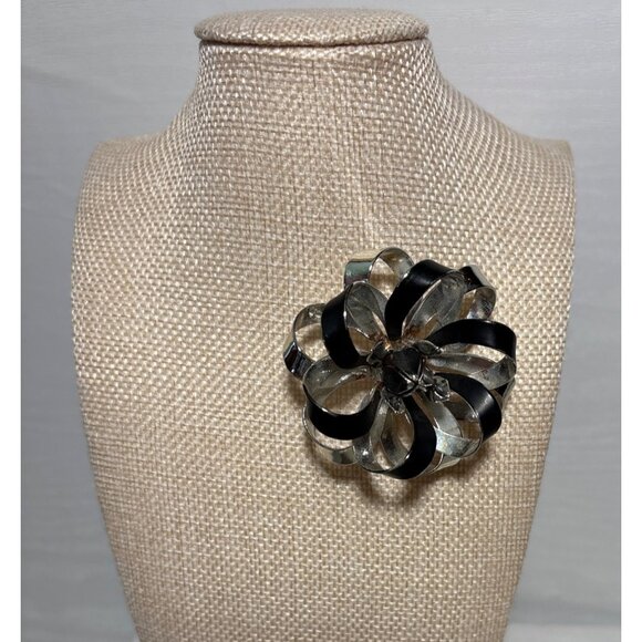 Vintage Silver Tone & Black Ribbon Flower Brooch Pin 2.25" Unique Lovely - Picture 1 of 7